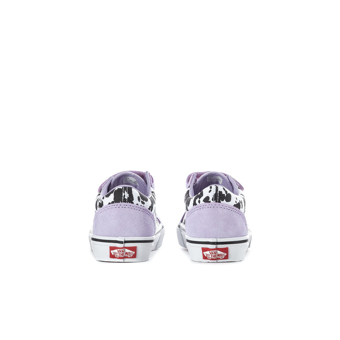 Kids' Old Skool V sneakers with soft purple heels, black cow-print panel, white midsole