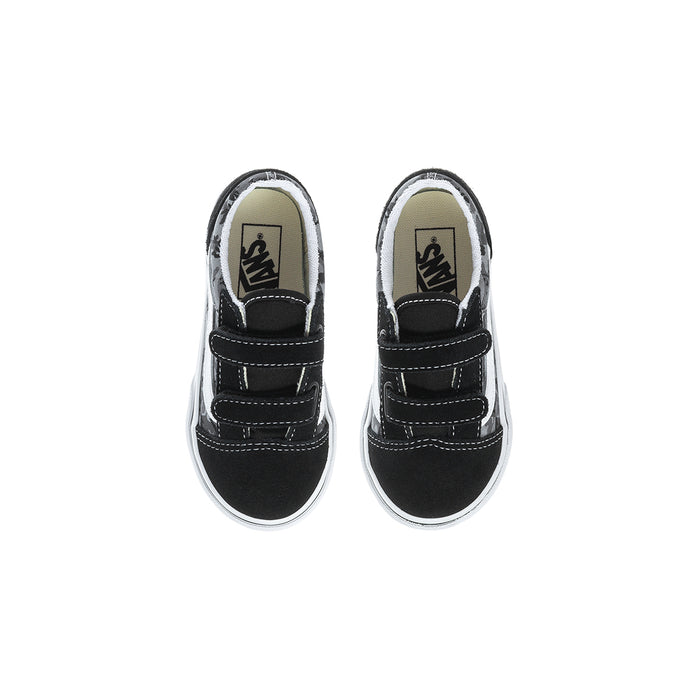 Kids black Vans sneakers with padded collar and gray camo lining, Velcro closure