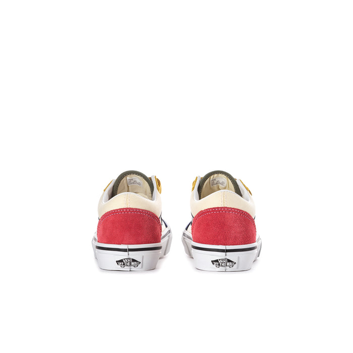 Kids' sneakers rear view with red heel panels and white midsole; hook-and-loop straps