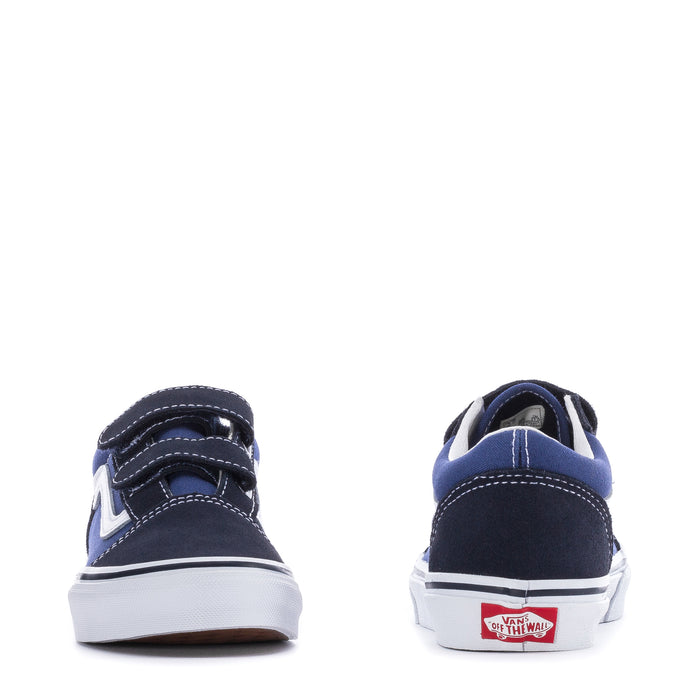Kids navy low-top sneakers heel and toe view with Vans logo on back