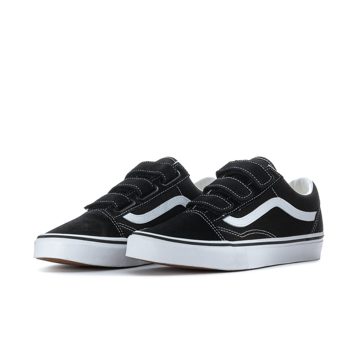 Vans men's low-top sneakers, black with white side stripe and white rubber sole