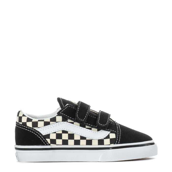 Black low-top toddler sneakers with checkerboard strap, white sole, and side stripe