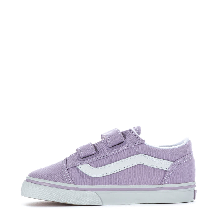 Lavender toddler low-top sneakers with two Velcro straps and white side stripe