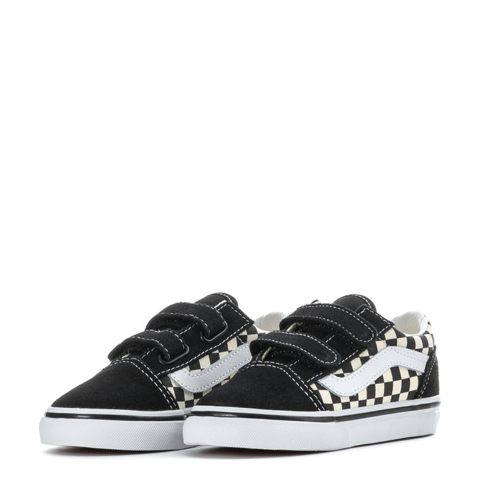 Pair of black toddler low-top sneakers with checkerboard side panels and Velcro straps
