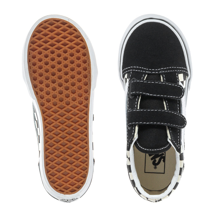 Toddler sneaker with black upper, hook-and-loop closure, and white stitching details
