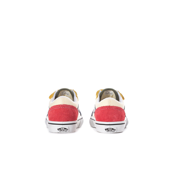 Toddler low-top sneakers, back view, red heel panels with white stripes and blue sides