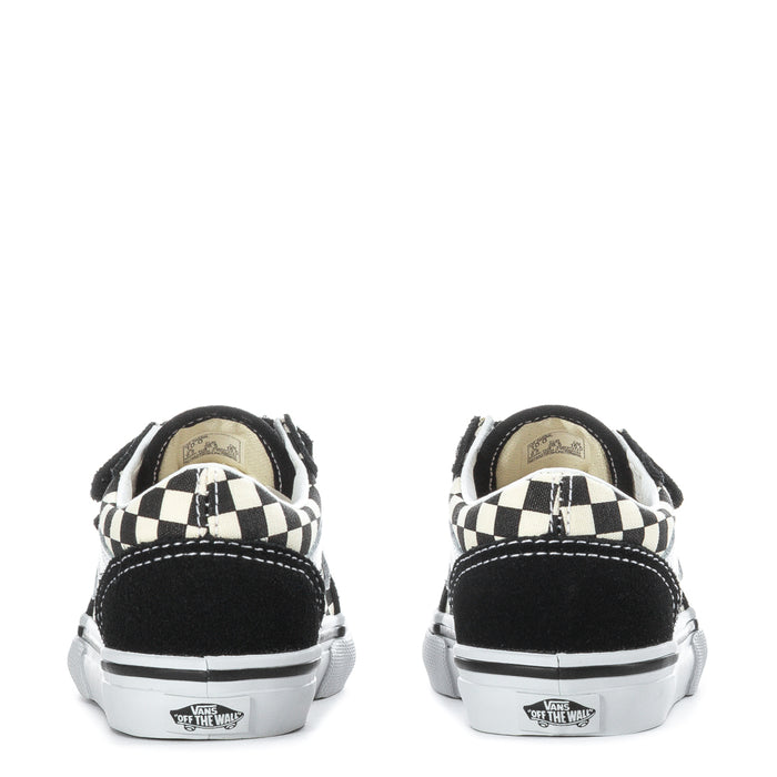 Back view of black toddler sneakers with checkerboard accents and white rubber sole