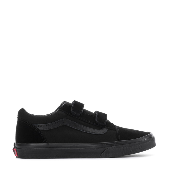 Black youth skate shoes with two hook-and-loop straps and low-profile rubber sole