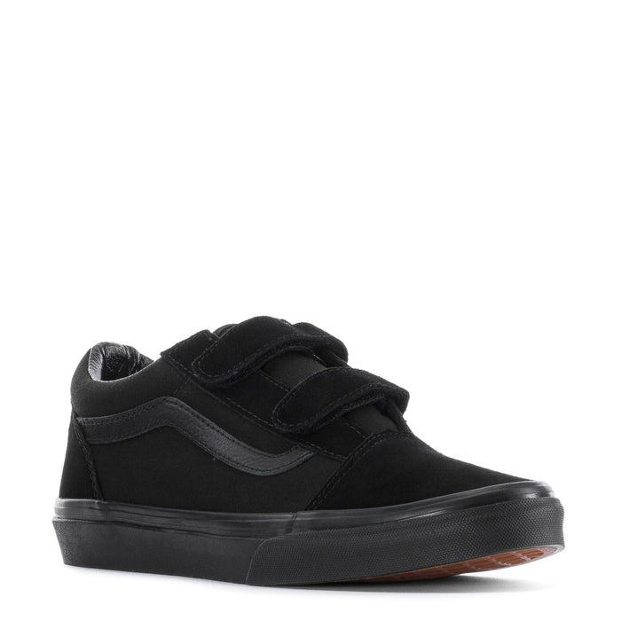 Black skate shoes with two Velcro straps, padded collar, and black vulcanized sole