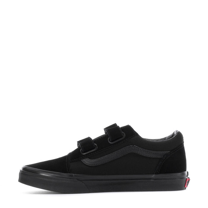 Black youth skate sneaker with dual hook-and-loop straps and flat rubber sidewall