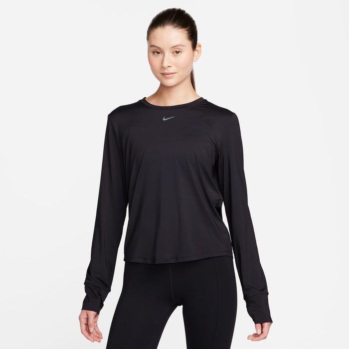 Women's black long-sleeve Dri-FIT athletic top with Nike logo, crew neck