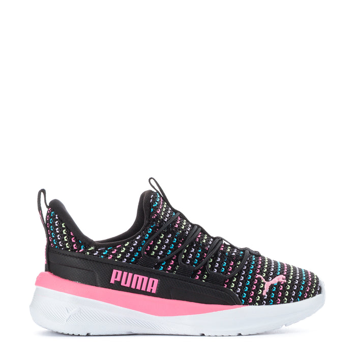 Toddler knit sneakers, black with multicolor stripes and pink PUMA midsole