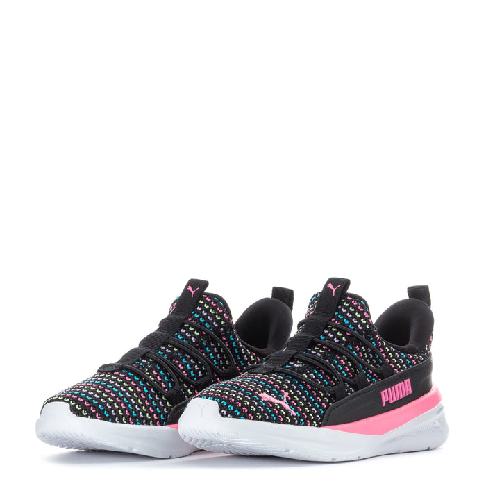 Toddler pair sneakers, black knit with multicolor stripes, pink trim and white sole