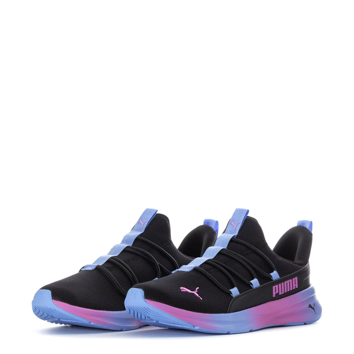 Pair of black youth sneakers with blue heel straps and Puma logos, gradient soles