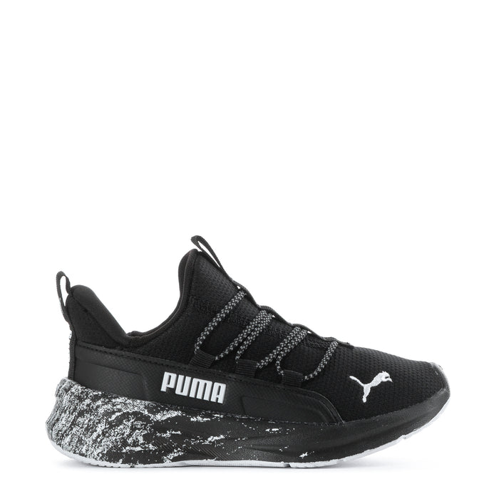 Kids black knit slip-on sneaker, PUMA logo, stripe details, speckled midsole