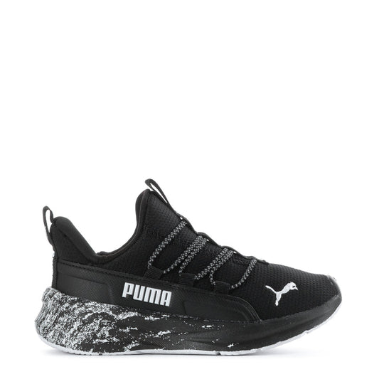 Kids black knit slip-on sneaker, PUMA logo, stripe details, speckled midsole