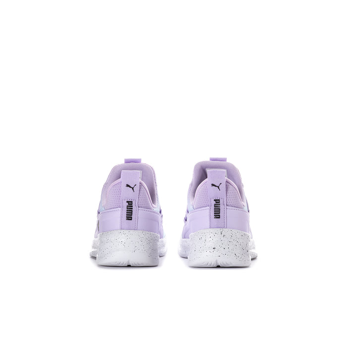 Kids wide sneakers light purple with rear strap and speckled white sole, PUMA heel logo