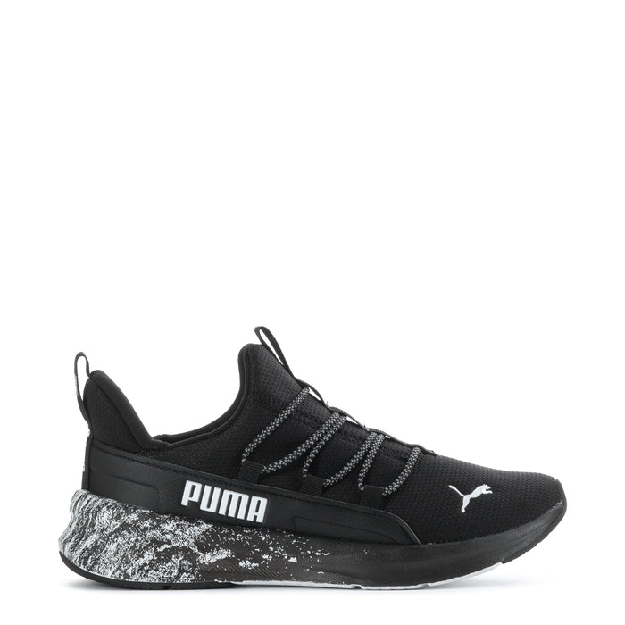 Black youth running shoe with knit upper, lace-up, white speckled midsole