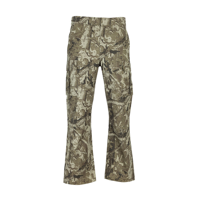 Tree camo cargo pants with elastic waist and multiple cargo pockets, open hem