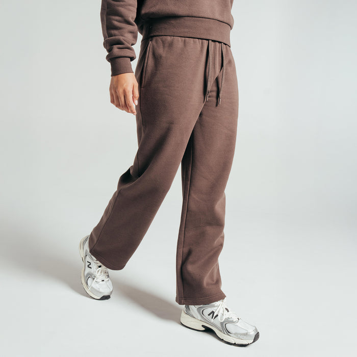 Women's chocolate brown fleece pants, drawstring waist, open hem cuffs