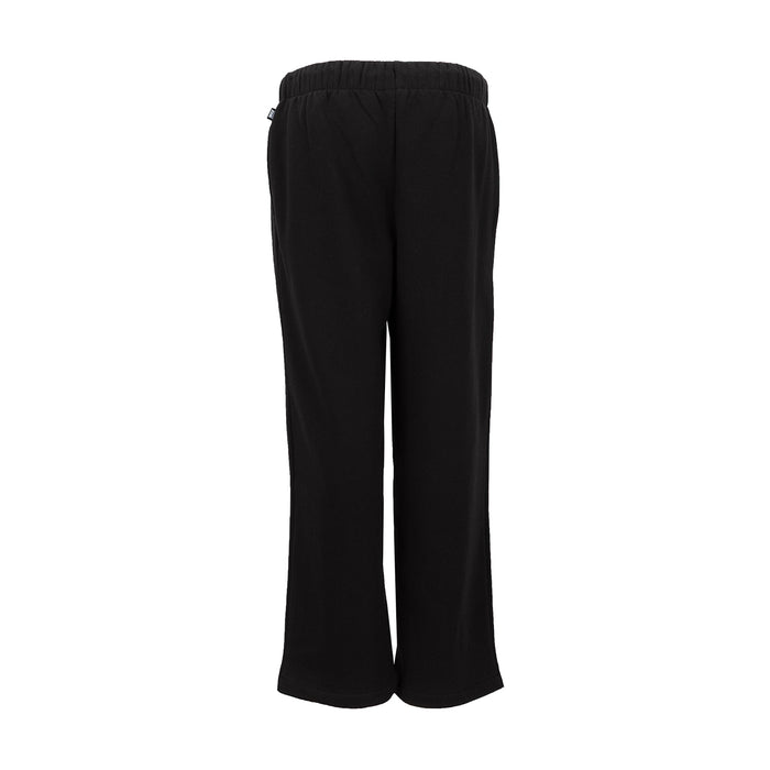 Black women’s open-hem fleece pants, back view, elastic waistband
