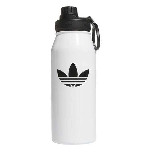 1L stainless steel bottle with white body, black cap, and trefoil-style logo