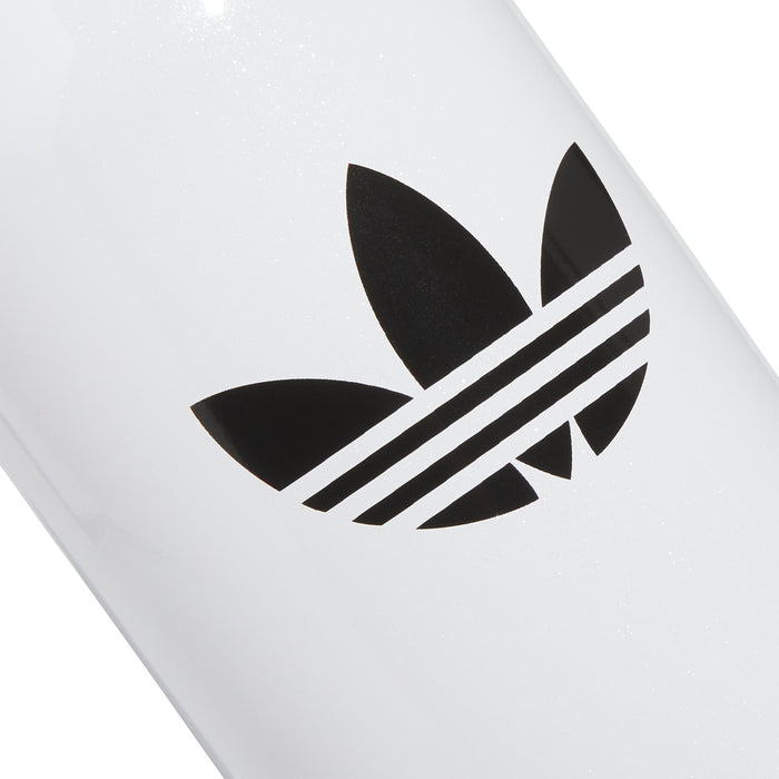1L stainless steel bottle with black trefoil-style logo on white surface