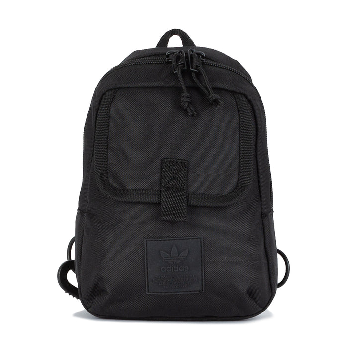 Utility mini sling bag, black fabric with front flap pocket and cinch cords