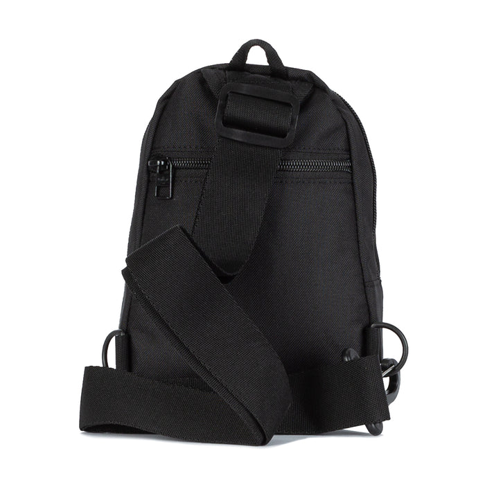 Utility mini sling bag, black with front zip pocket, adjustable strap, side webbing