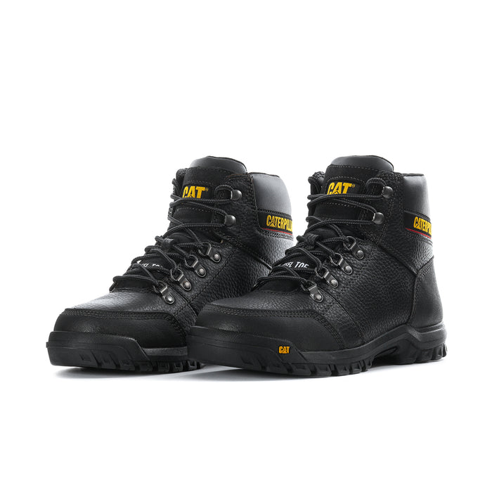Pair of men's black steel toe work boots, CAT and Caterpillar branding