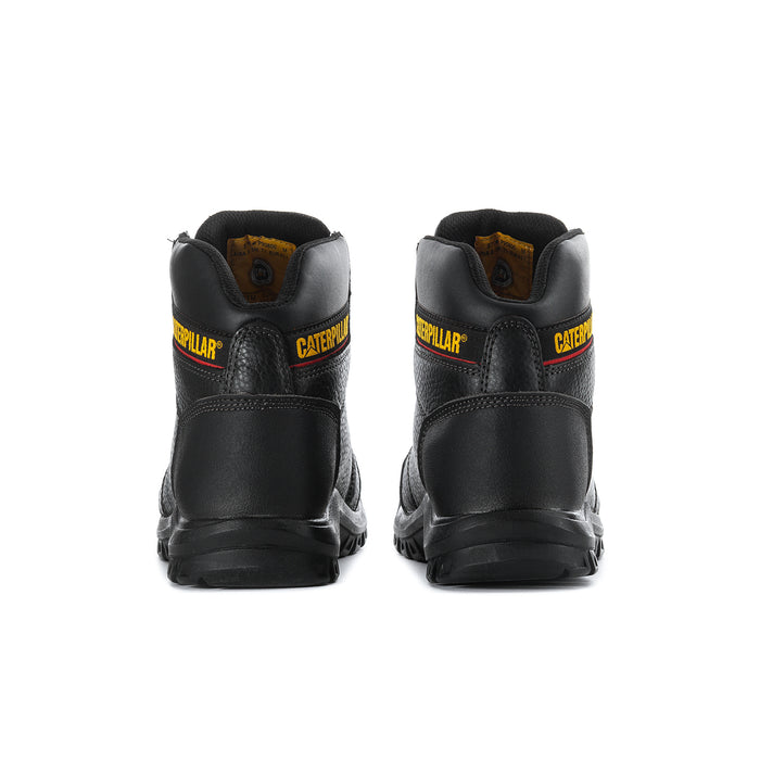 Men's black steel toe work boots, rear view with Caterpillar branding