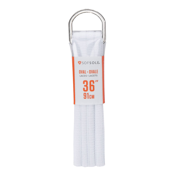 White oval shoelaces, 36 in length, bundled with looped lace ends