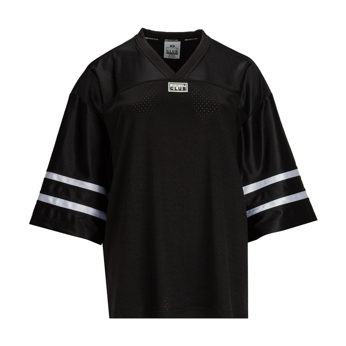 Black oversized women's football jersey, V-neck, white sleeve stripes
