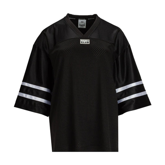 Black oversized women's football jersey, V-neck, white sleeve stripes