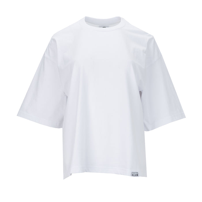 Oversized white women's tee with crew neck and short sleeves, front view