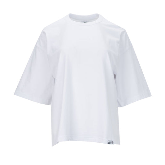 Oversized white women's tee with crew neck and short sleeves, front view