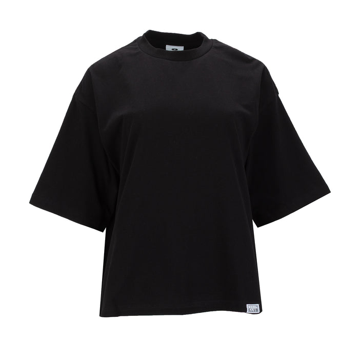 Black womens oversized tee, crew neck short sleeves front view