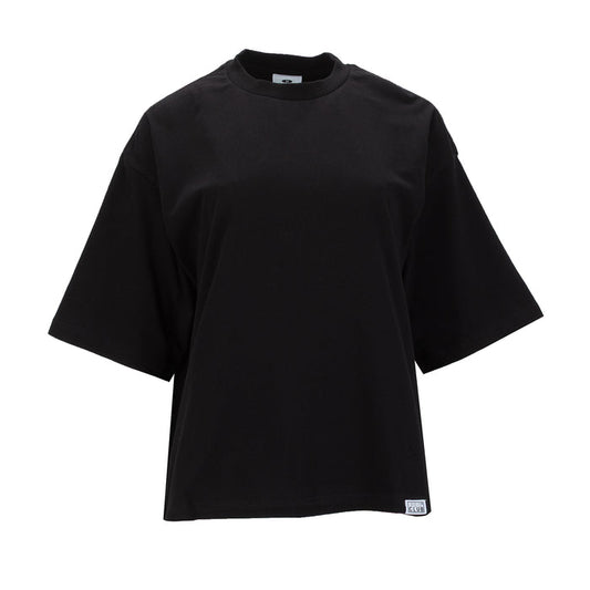 Black womens oversized tee, crew neck short sleeves front view
