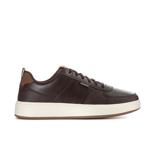 Men's brown lace-up sneaker with tan accents, perforated toe, white rubber sole