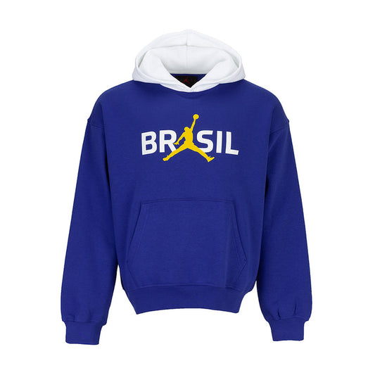 Royal blue fleece pullover hoodie with white hood and front Brasil graphic