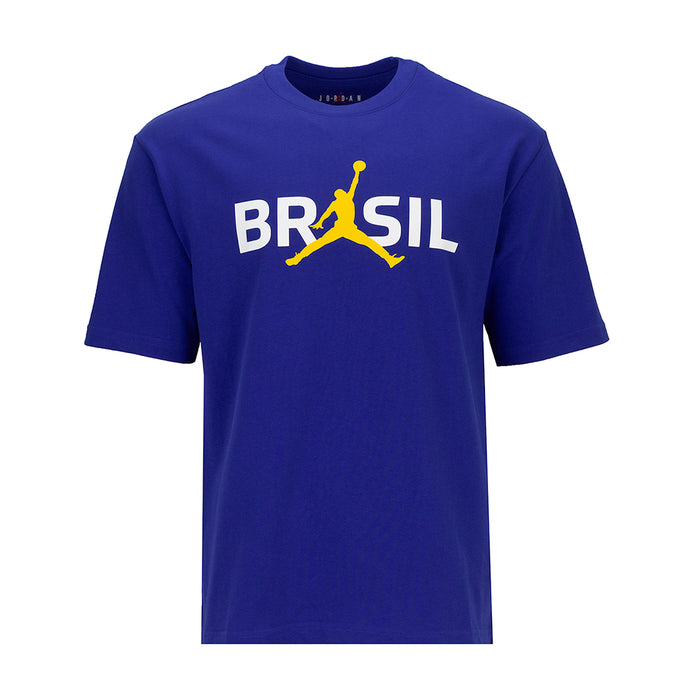 Men's blue crew-neck T-shirt with Brazil logo and Jumpman-style graphic