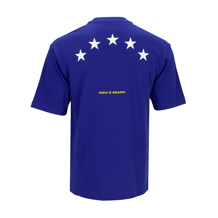 Men's blue crew neck T-shirt with five white stars and small chest text on back