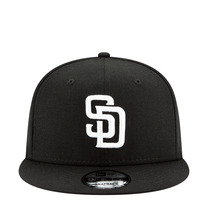 Black baseball cap with white Padres logo on front panel