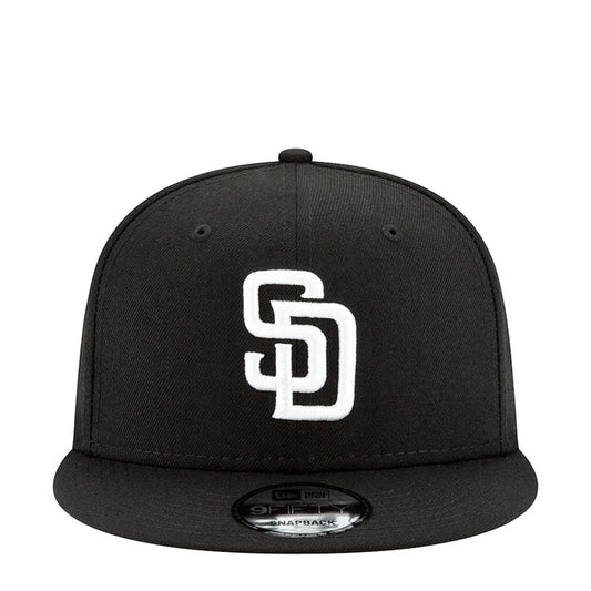 Black baseball cap with white Padres logo on front panel