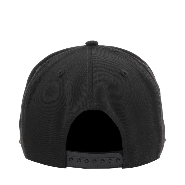 Black baseball cap back view with adjustable snap strap and ventilation eyelets