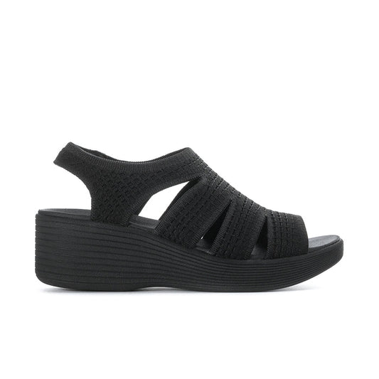 Black women's slingback platform sandal with stretchy knit upper and wide straps