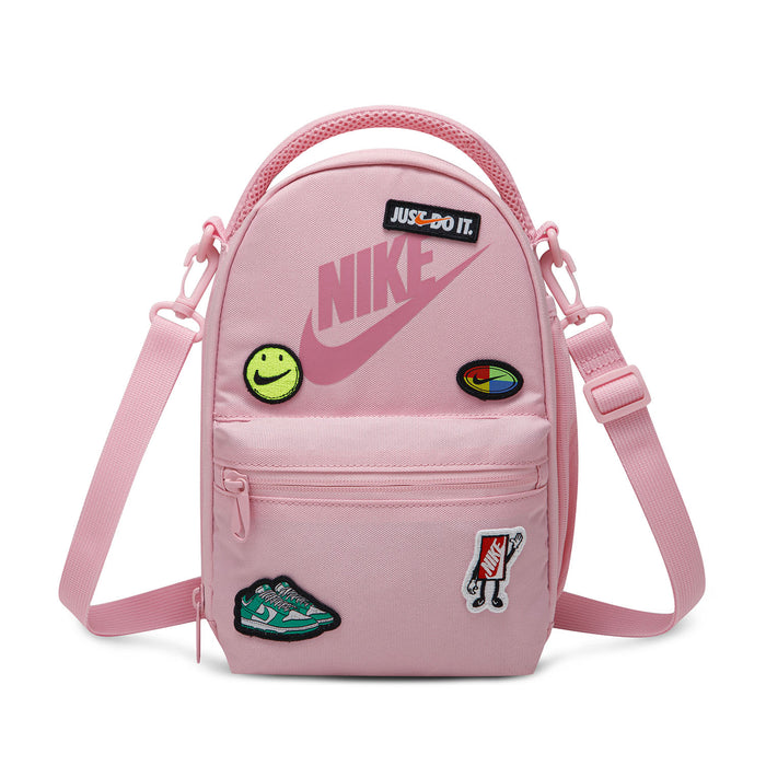Pink lunch tote backpack with smiley and shoe patches, front zip pocket, dual top handles