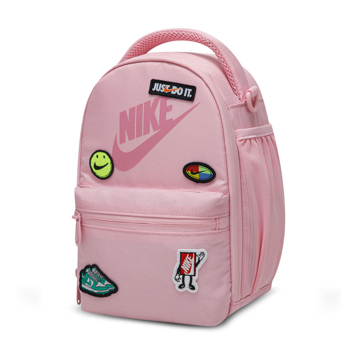 Pink lunch tote backpack, Nike logo and patches on front, side zipper pocket, crossbody strap