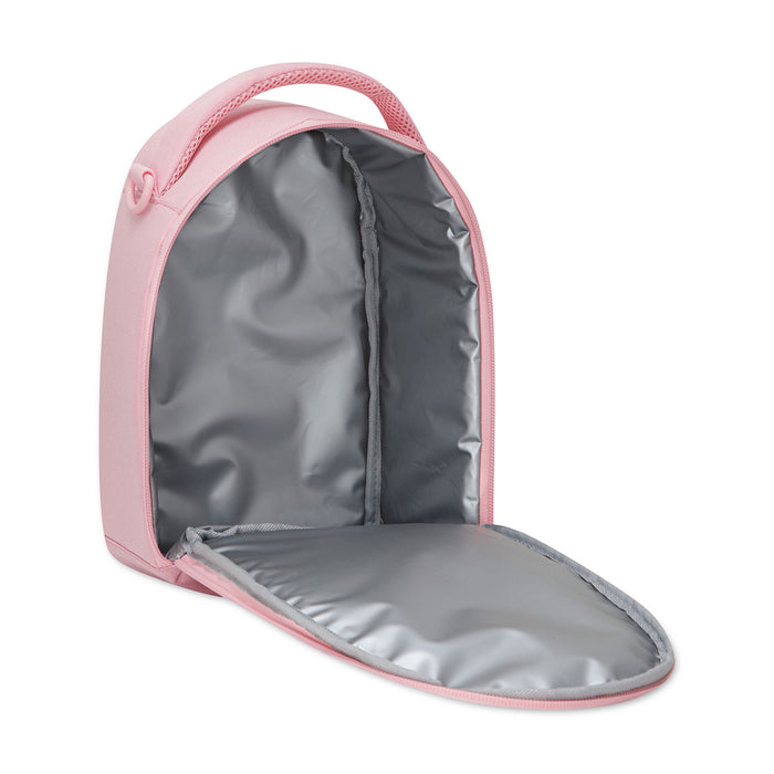 Pink open lunch tote backpack with gray lined interior and padded base