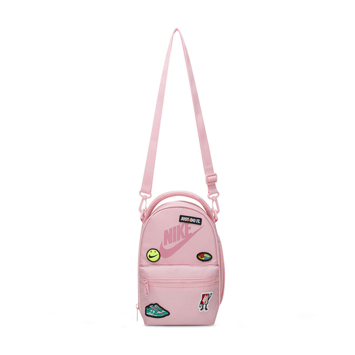 Pink small lunch tote backpack with shoulder strap and front patches, top handle